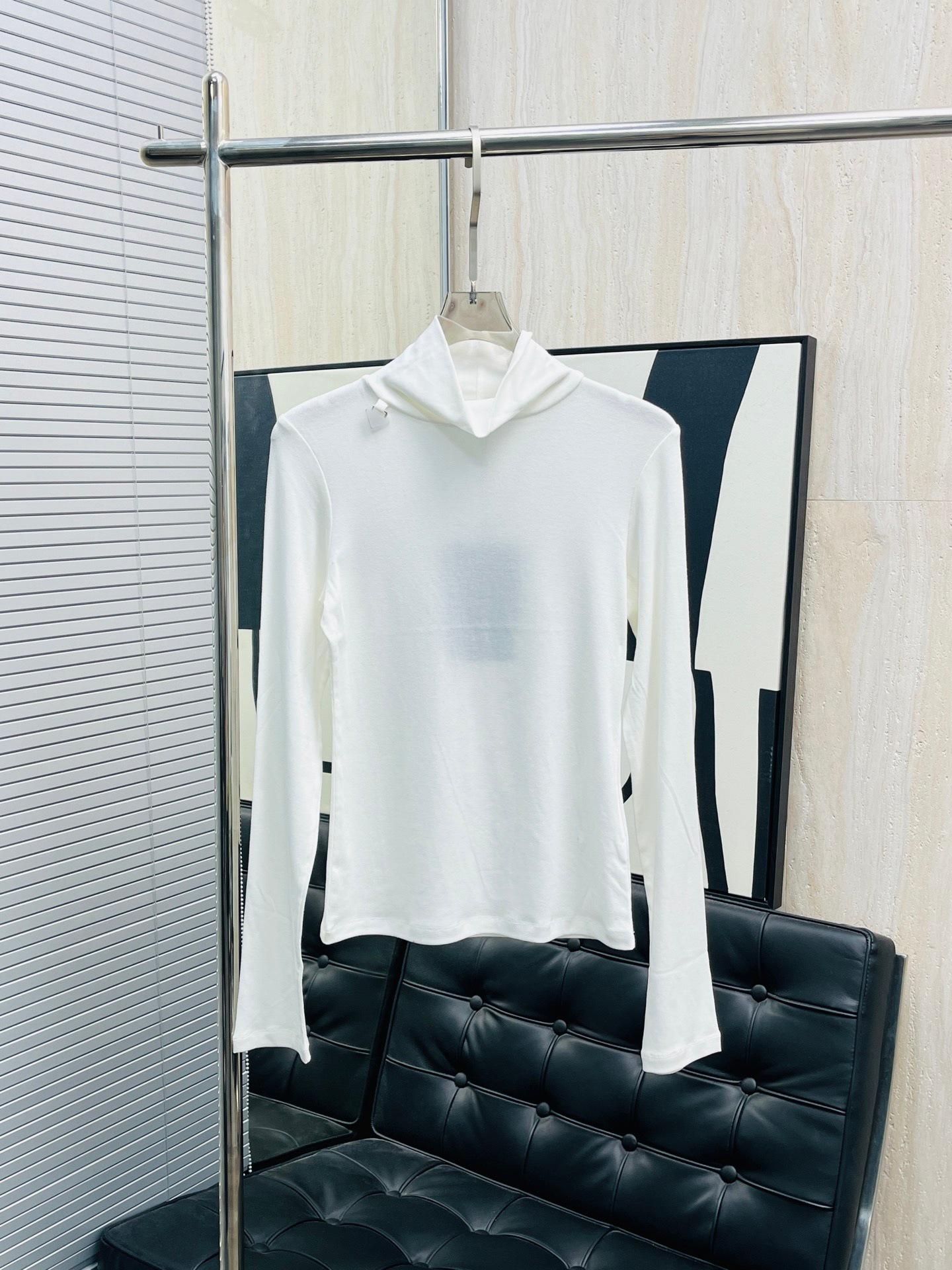 High Neck Slimming Tencel Wool Long Sleeve Top with Metal Logo Small белый