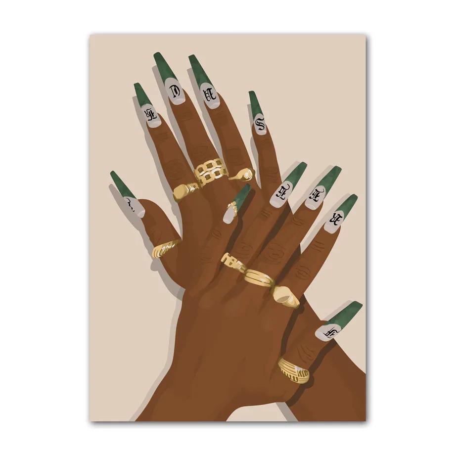 Black Art Fashion Hip Hop Girl Manicure Jewelry Lips Poster African Black Woman Beautiful Nails Painting Pictures Living Room Beauty Salon Decor