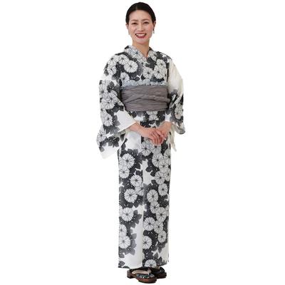 [Kyoto Kimono Yuzen] Women's Yukata Set with Heiko Obi (2-piece Set) - Black with Floral Pattern On White Background - Modern Yukata (Black