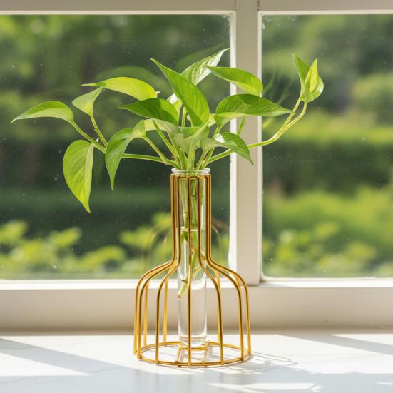 Decorative Glass Vase with Metal Wire Stand Clear Test Tube Vase with Iron Art Frame for Hydroponic Plant Modern Flower
