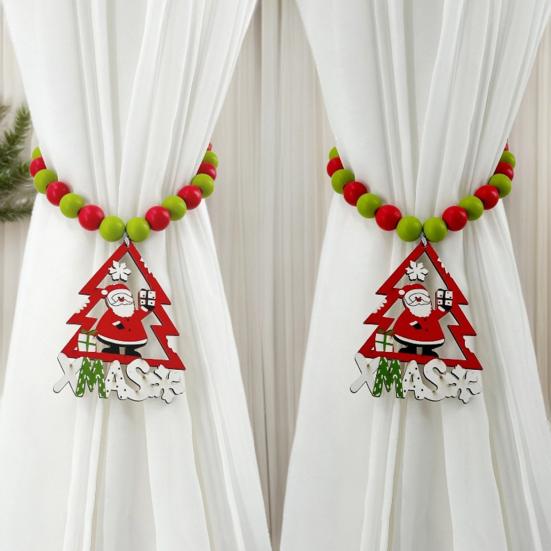 1 Pair Xmas Charm Curtain Tiebacks Wooden Bead Christmas Curtain Ties Beaded Curtain Holdbacks for Drapes Living Room Bedroom Nursery Decor