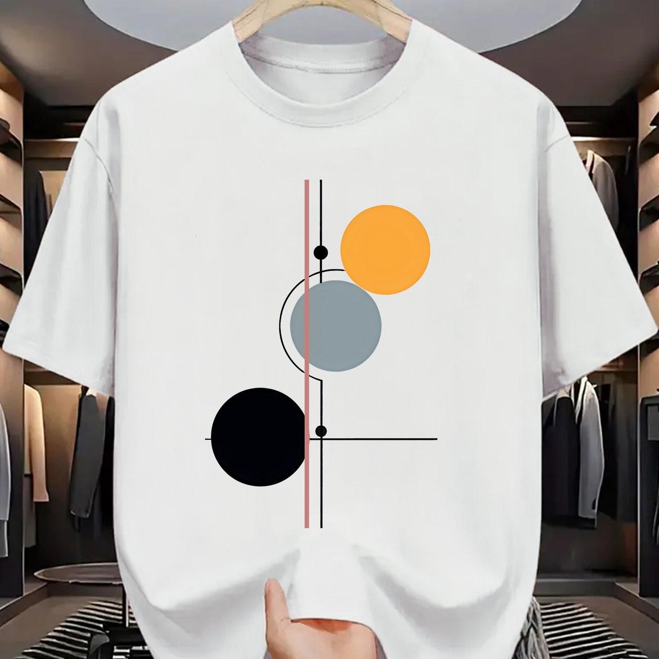 Geometric Circles Print Men s Cotton T-Shirt Casual Round Neck Athletic Short Sleeve Tee S