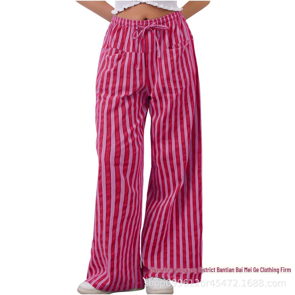 2024 Women's European & American Casual Striped Low Waist Wide Leg Drawstring Multi-Pocket Pants