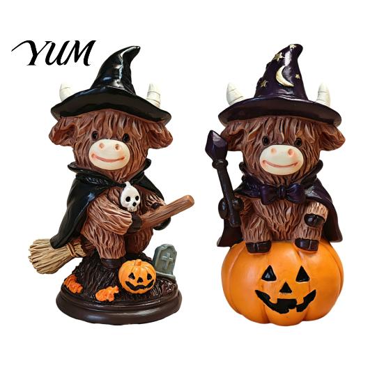 Unique Holiday Presents 2Pcs Halloween Highland Cow Witch Ornament, Resin Figurine with Hat Pumpkin Broom Farmhouse Table Ornaments & Skull,