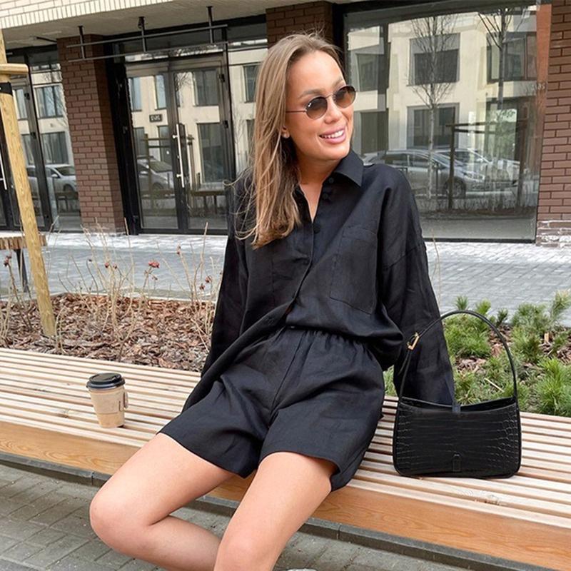 2025 Französische Lässige Damen Baumwollhemdjacke mit Shorts mit elastischer Taille