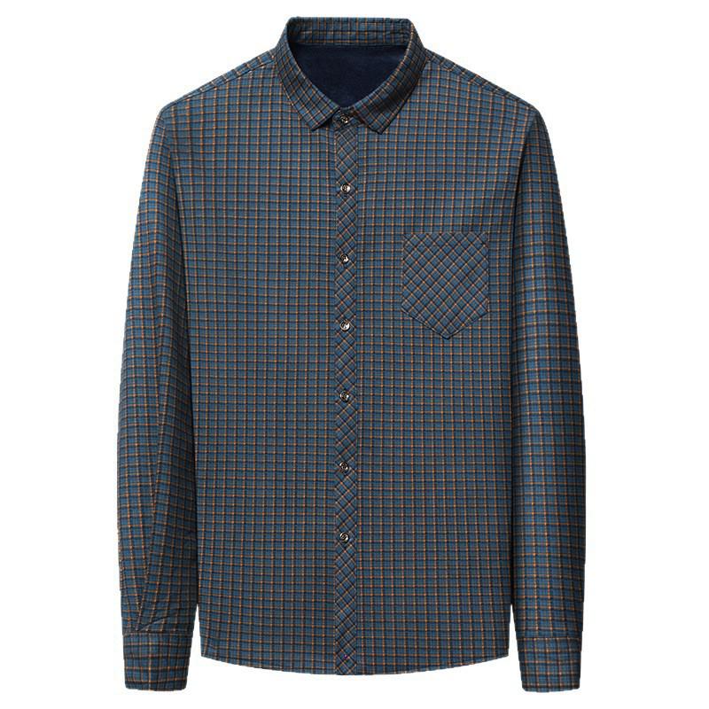 Men's Plus Velvet Plaid Long Sleeve Thick Warm Shirt Cardigan for Autumn and Winter