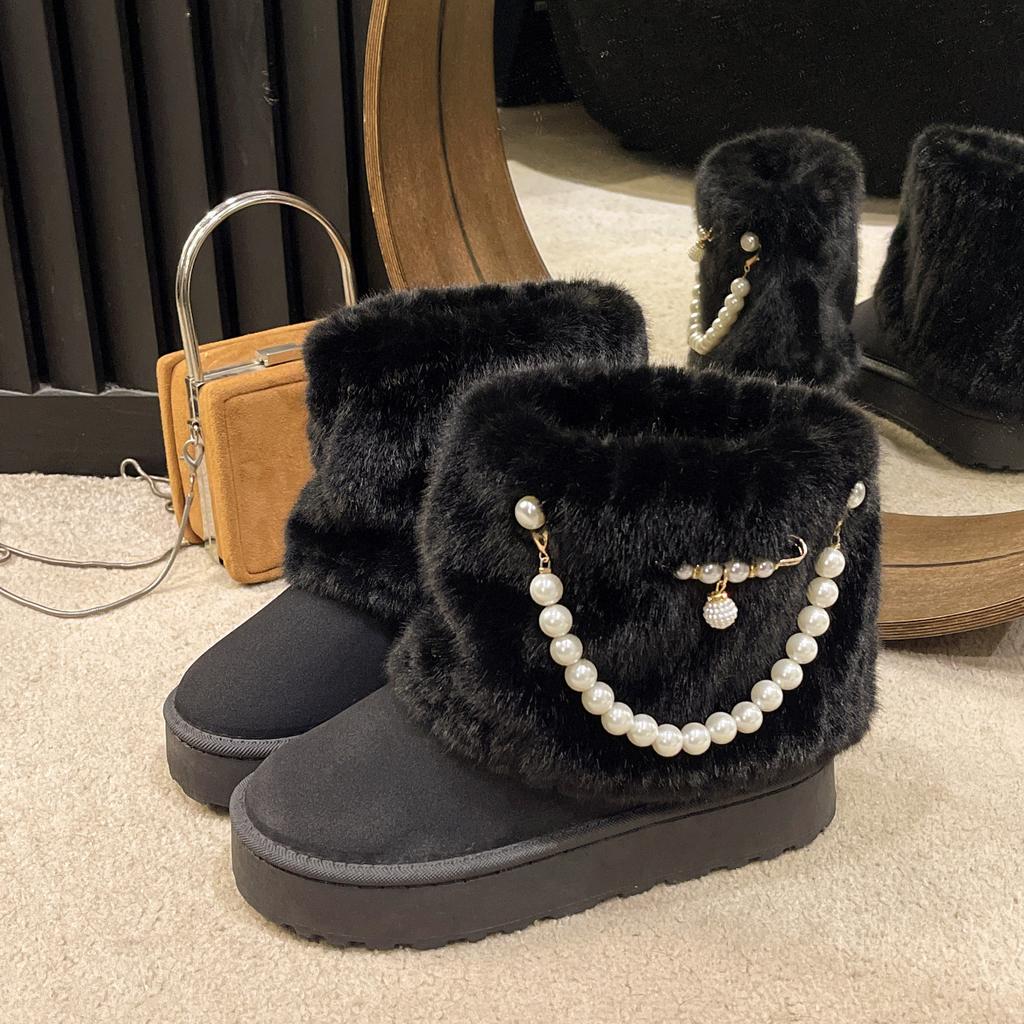 Fashion Women Snow Boots 2025 Winter Plush Warm Anti Slip Comfortable Ankle Boots Fluffy Round Toe Platform Pearl Chain Cotton Boots