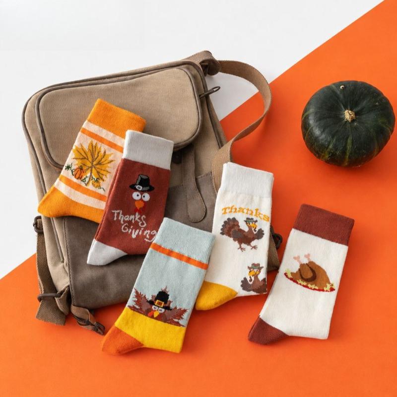 Thanksgiving Mid‑Calf Socks Cartoon Turkey Maple Leaf Socks Cut Elastic Unisex Casual Hosiery Festival Gift