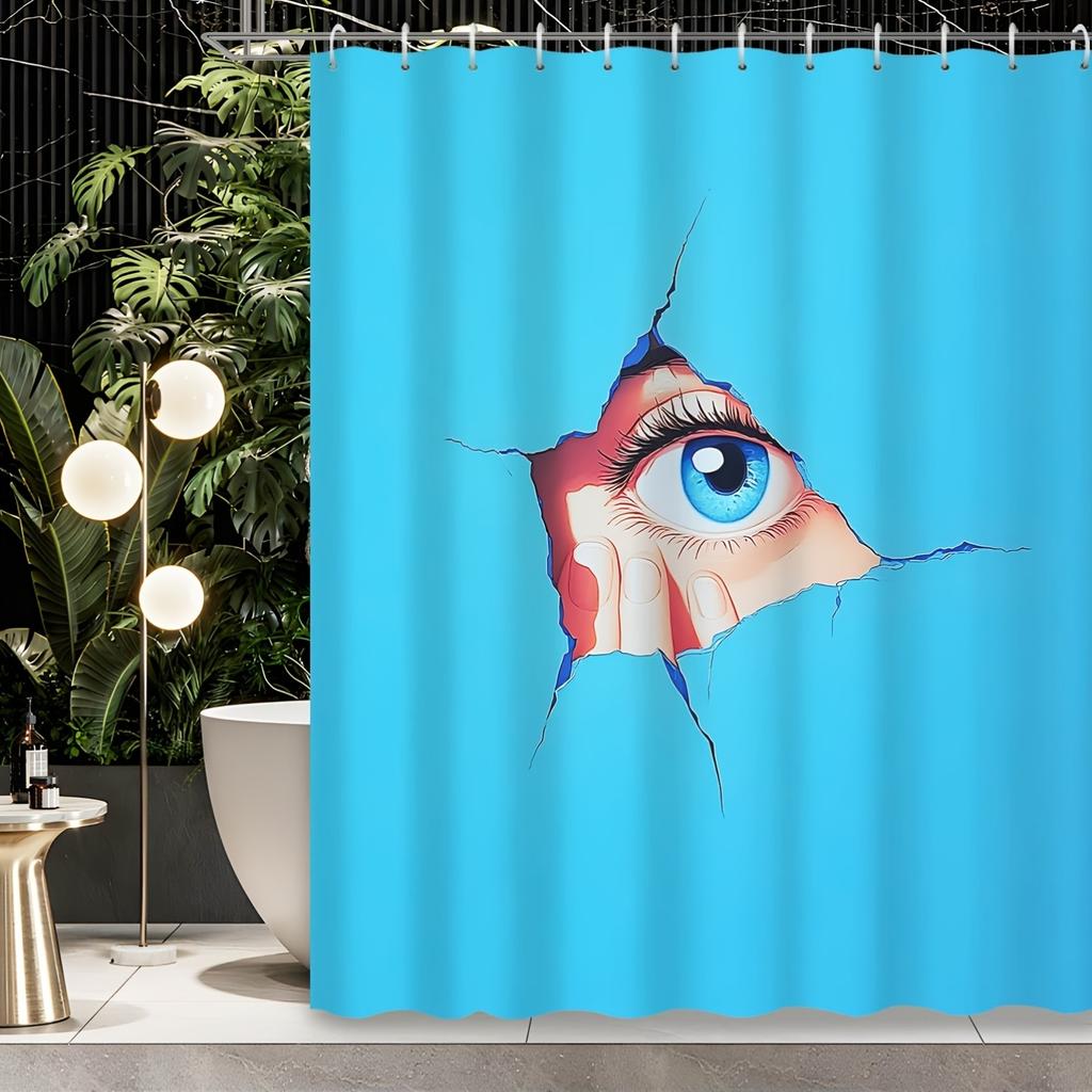 1pc Blue Theme Stone Wall Crack Hole Eye Print Shower Curtain Partition Curtain, Polyester Fabric, with 12 Hooks, Shower Curtain
