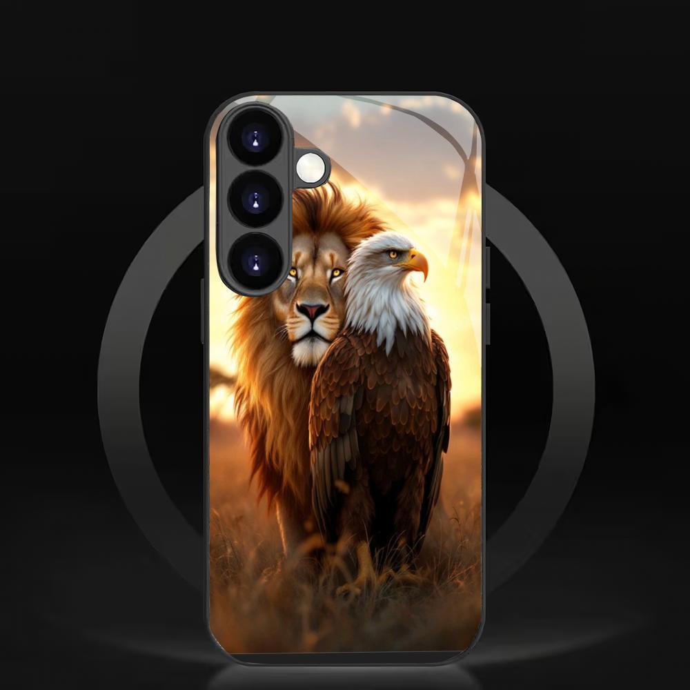 Lion Eagle Pattern Tempered Glass Phone Case Suitable for Samsung Galaxy S26 S25 S24 S22 S21 S20 FE/Ultra/Plus Scratch Resistant