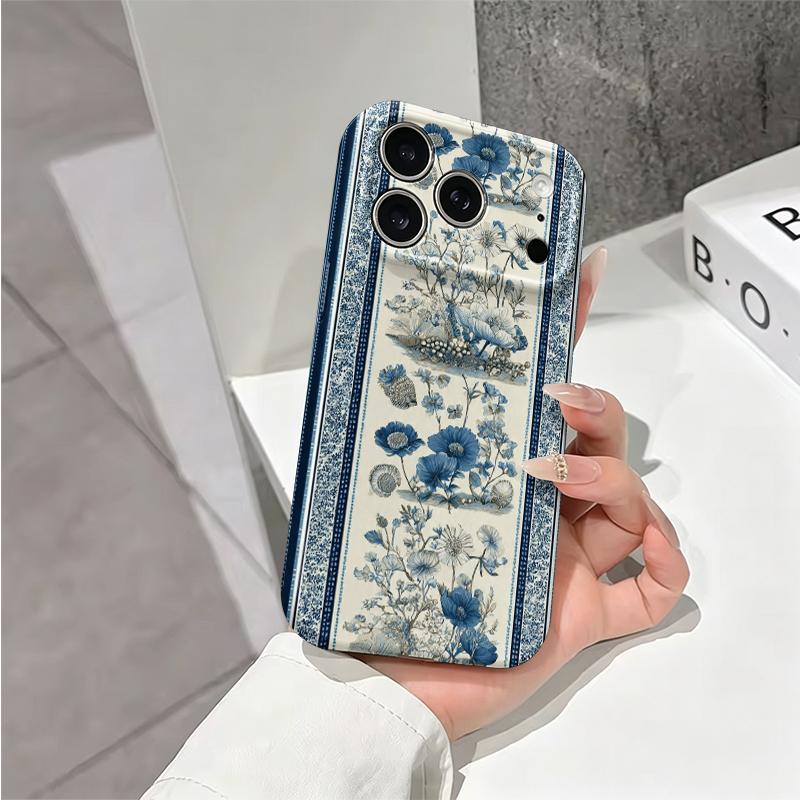 Classic Blue White Border Botanical Art Graphic Film Aesthetic Protective Shockproof Bumper Phone Case For iPhone 13 14 15 16 17 Pro Max Plus