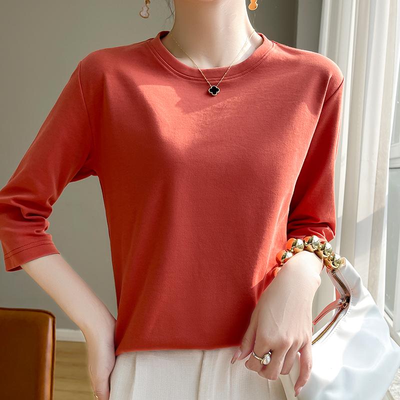 Spring Summer Women Round Neck Silky Cotton Short Sleeve T-Shirt Feminine Cotton Cropped Sleeve Bottoming Shirt