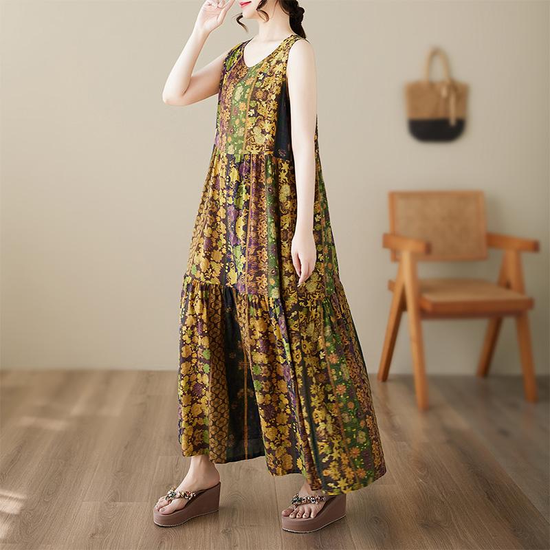 DIMANAF Plus Size Dress Summer Women Vintage Linen Elegant Style Sleeveless Floral Loose New Long Dress 8020