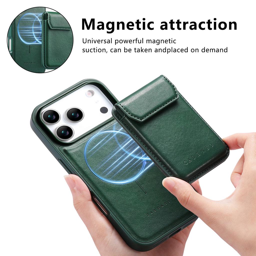 CASENEO For iPhone 17 Pro Max Magnetic Case PU Leather PC Phone Cover with Detachable Card Holder Kickstand Compatible with MagSafe