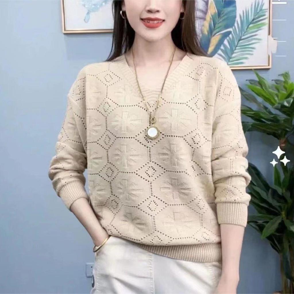 Women Hollow Out Sweaters V-Neck Pullovers Women Autumn Winter Sweaters Long Sleeve Solid Casual Loose Knitted Jumper