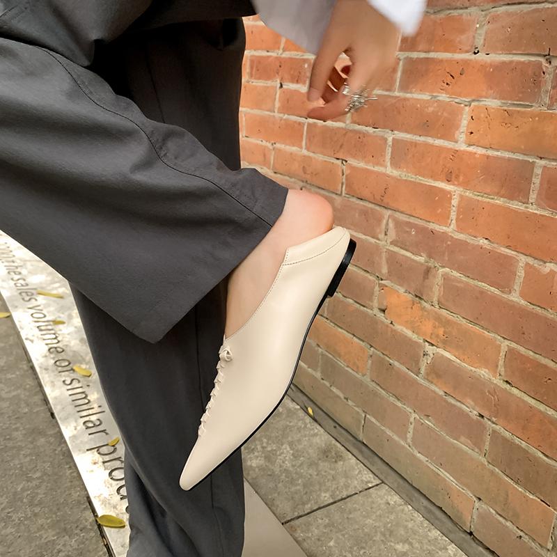 Fashion 2025 New Spring Pointed Toe Flat Heel Flats Genuine Leather Shoes for Women Concise Slip-on Handmade Women Mules Ladies Shoes
