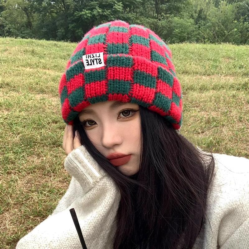 Herbst- und Wintermütze aus Wolle mit Schachbrettmuster für großen Kopfumfang, japanischer Retro-Stil, lässig, für Paare, warm, für Herbst und Winter
