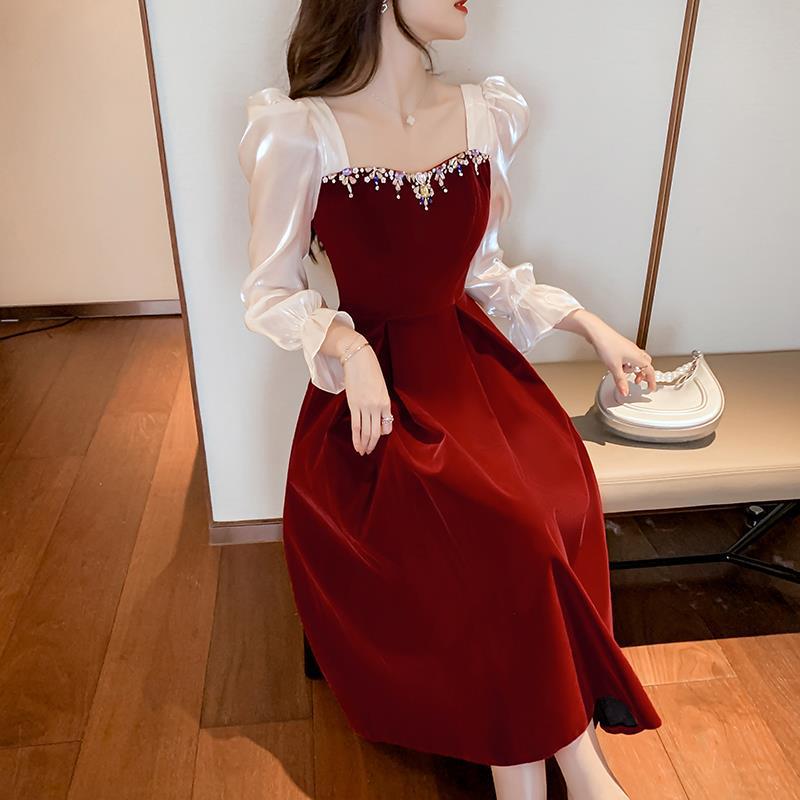 

2025 Бургундское Осеннее Платье Невесты из Тюля с Рукавами для Помолвки и Банкета L