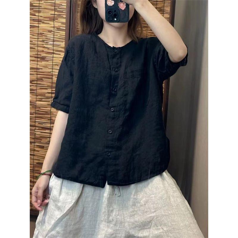 

Хлопковая и льняная футболка с коротким рукавом и круглым вырезом для женщин на лето, новая, в стиле ретро, литературная, свободная, универсальная, омолаживающая, кардиган-топ XXXL чёрный