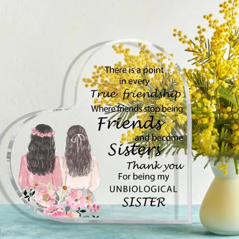 2D Flat Acrylic Heart Sister Gift Desktop Decoration Plaque, Home Decor Plaque Hanging Wall Art Decorative Garden Decoration for Room Door Signs Hangi