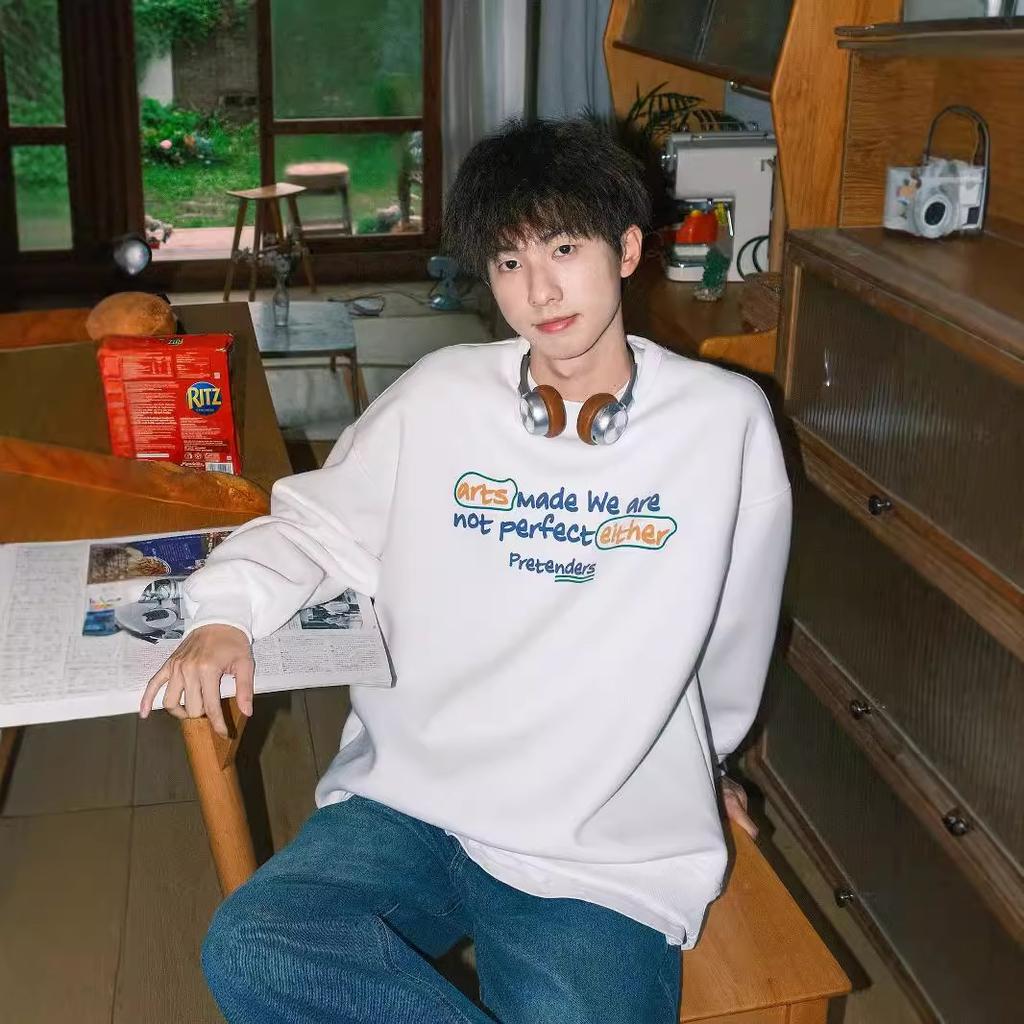 Printed Crew Neck Sweater Men's Autumn and Winter Velvet American Teen Long-sleeved Top