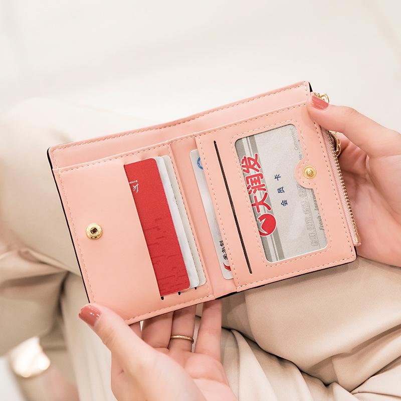 Women'S Small Wallet Double Fold Ultra Thin Zero Wallet Zipper ID Bag, Contrast Color Love Pendant Short Card Bag
