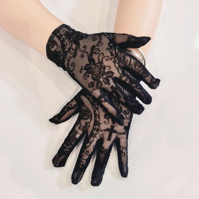 Breathable Elastic Gloves with Gothic Skull Design Perfect for Halloween Costumes Cosplay Event and Themed Parties