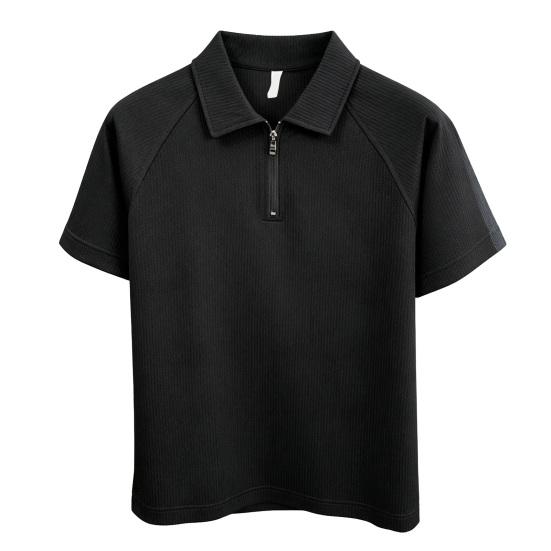 Men Quarter Zip Shirt Collar Short Sleeve Loose Fit Turndown Textured Shirt Casual L чёрный