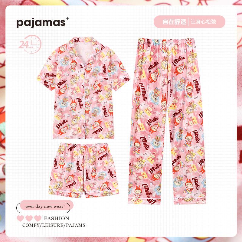 

Розовая пижама для девочки на весну и лето, женская, с коротким рукавом, из трех предметов, ветронепродуваемая домашняя одежда M