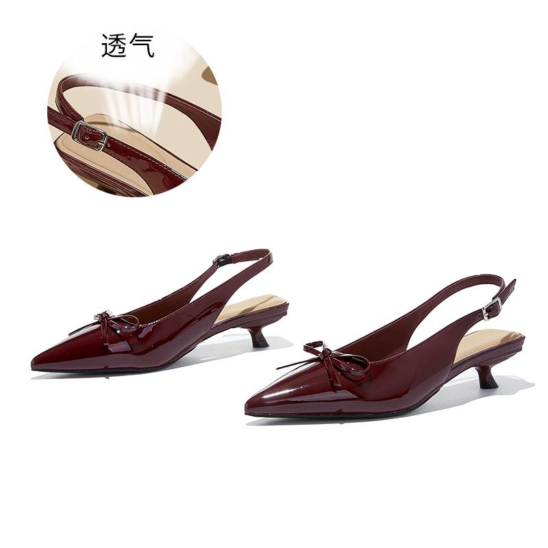 

First layer sheepskin insole pointed head bow fashion single shoes women s spring new bag head women s shoes rear empty sandals 40 бордовий