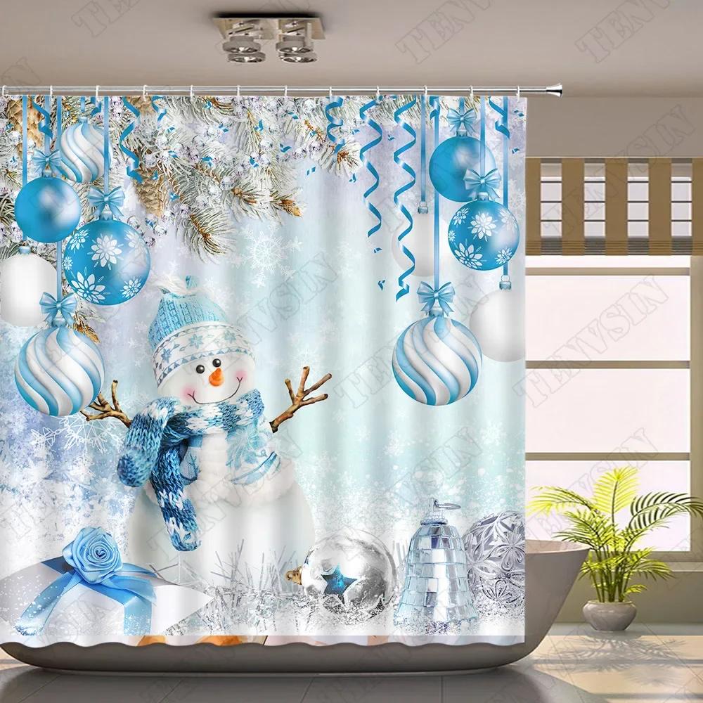 Christmas Shower Curtain Sets Vintage Red Truck Xmas Ball Pine Tree Snowman Winter New Year Gift Bathroom Decor Bath Curtains