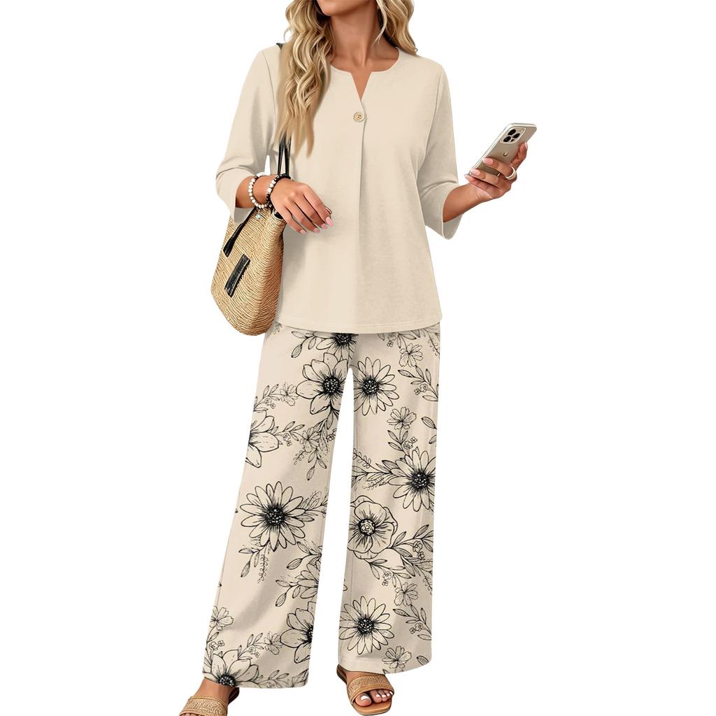 Women's Casual Printed 3/4 Sleeve Button Front Top and Wide Leg Pants 2 Piece Set