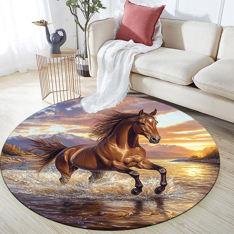 Galloping Horse Round Area Rug,Carpet Rug for Living Room Bedroom Sofa Playroom Decor,Non-slip Floor Mat