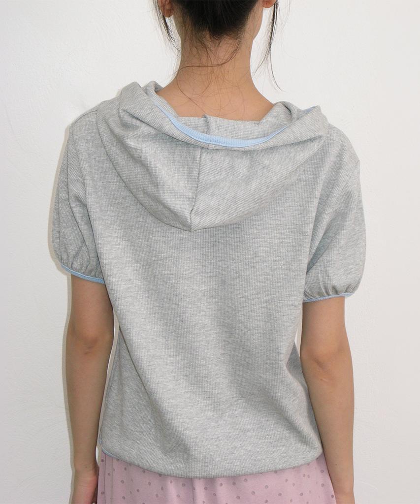 Waffle Button Half Sleeve Hoodie Gray