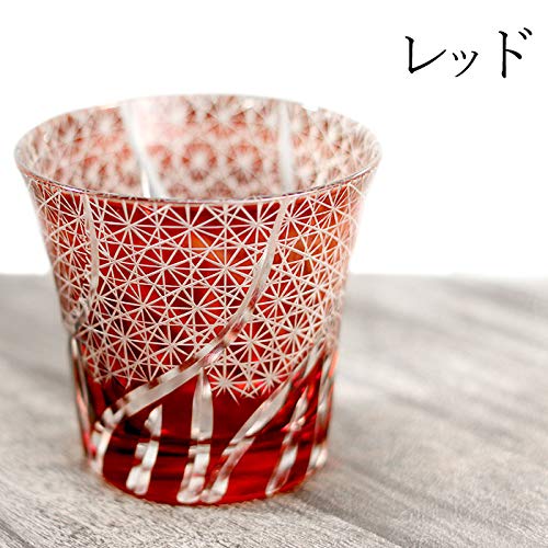 Kiriko Glass Set, Dishwasher-Safe, Pair of Tumblers, Gift Set, Chrysanthemum Pattern, Paulownia Wood Box, Choice of Pair (Red x Ink Blue)