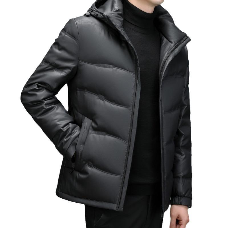 Dunjacka Äkta Läderjacka Herr Ny Casual Dunjacka med Huva Vinter Kort Dun Vinter Förtjockat Ytterplagg