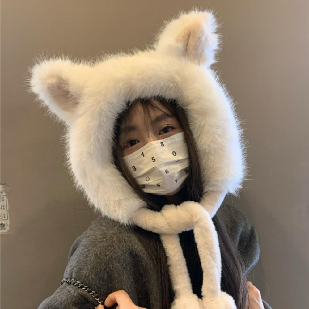 Plush Ear Protection Hat Warm Plush Fox Ears Hat Outdoor Bucket Hat Women