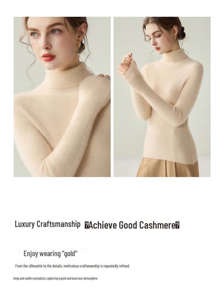 Women's 100% Cashmere Seamless High-Neck Slim-Fit Sweater - Solid Color Autumn/Winter Knitted Base Layer
