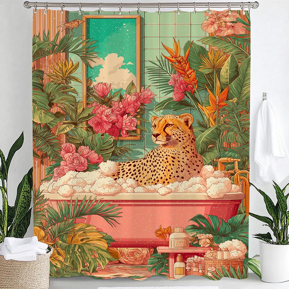 Fun Leopard Shower Curtain,Cat, Dog and Animals Bathing in Nordic Plant Bathtub Bathroom Decorative Shower Curtain with Hooks