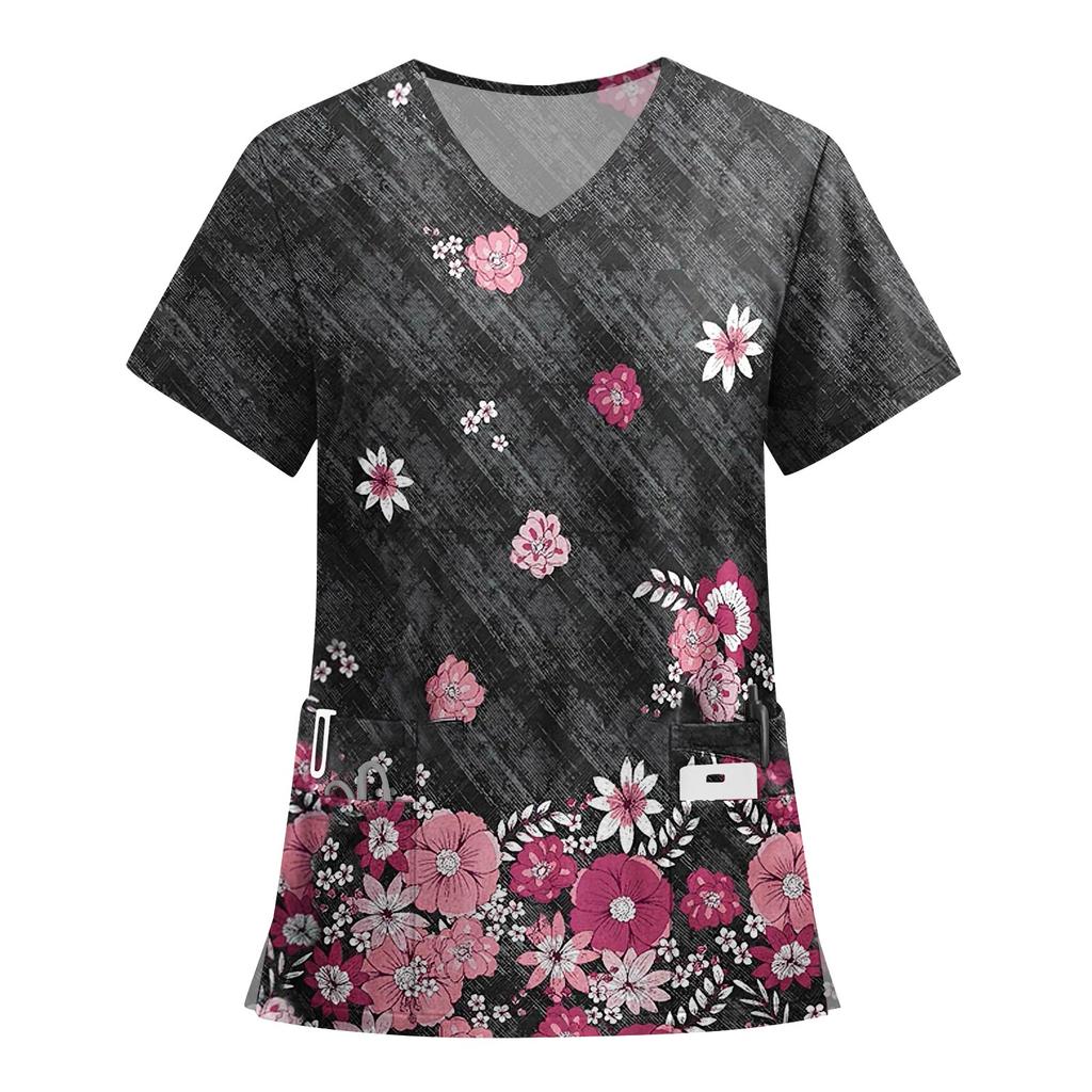 Women's Fashion Printed Short Sleeve V Neck Pattern Tops Pocket Working T-shirts