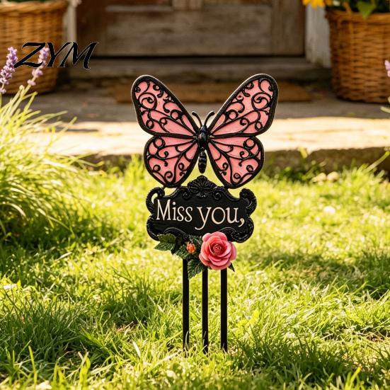 Memorial Garden Stake Butterfly Stake, Miss You Sign, Pink Weather Resistant Yard Art Rose for Lawn Courtyard Cemetery Decoration Commemorative Sign