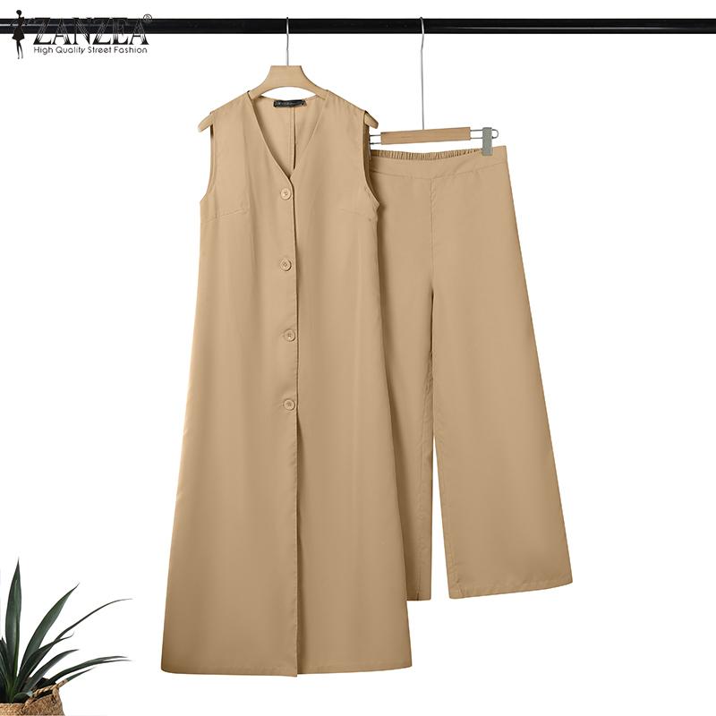ZANZEA Trajes casuales de dos piezas para mujer, chaleco largo sin mangas y pantalones