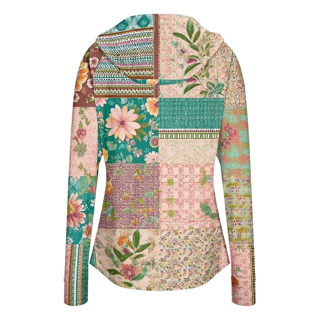 Women Lightweight Hooded Sun Protection Jacket Full Zip Long Sleeve Printed Pocket Outdoor Activewear Windbreaker