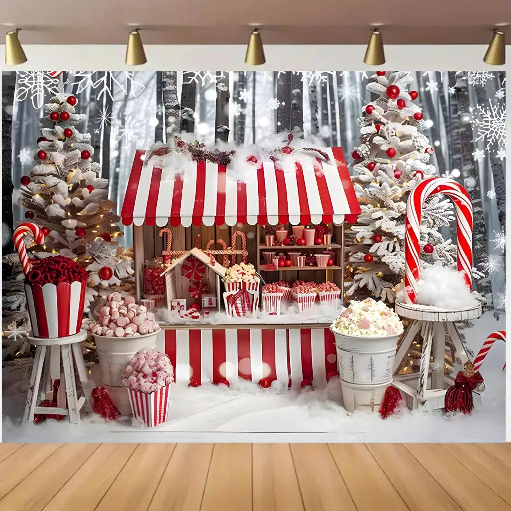 Merry Christmas Background Cloth - Holiday Snow Scene, Dessert Shop, and Candy Cane Design
