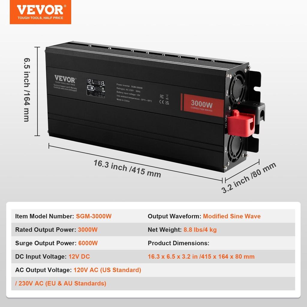 Modified Sine Wave Power Inverter 3000W DC12V To AC230V LCD Display CE FCC