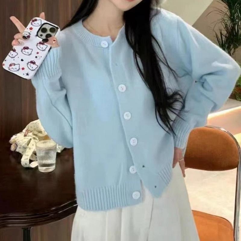 

2025 ранняя весна женская модная куртка нежный ветер ленивый мягкий восковой светло-голубой вязаный свитер-куртка 2043-266 (average size) светло-синий