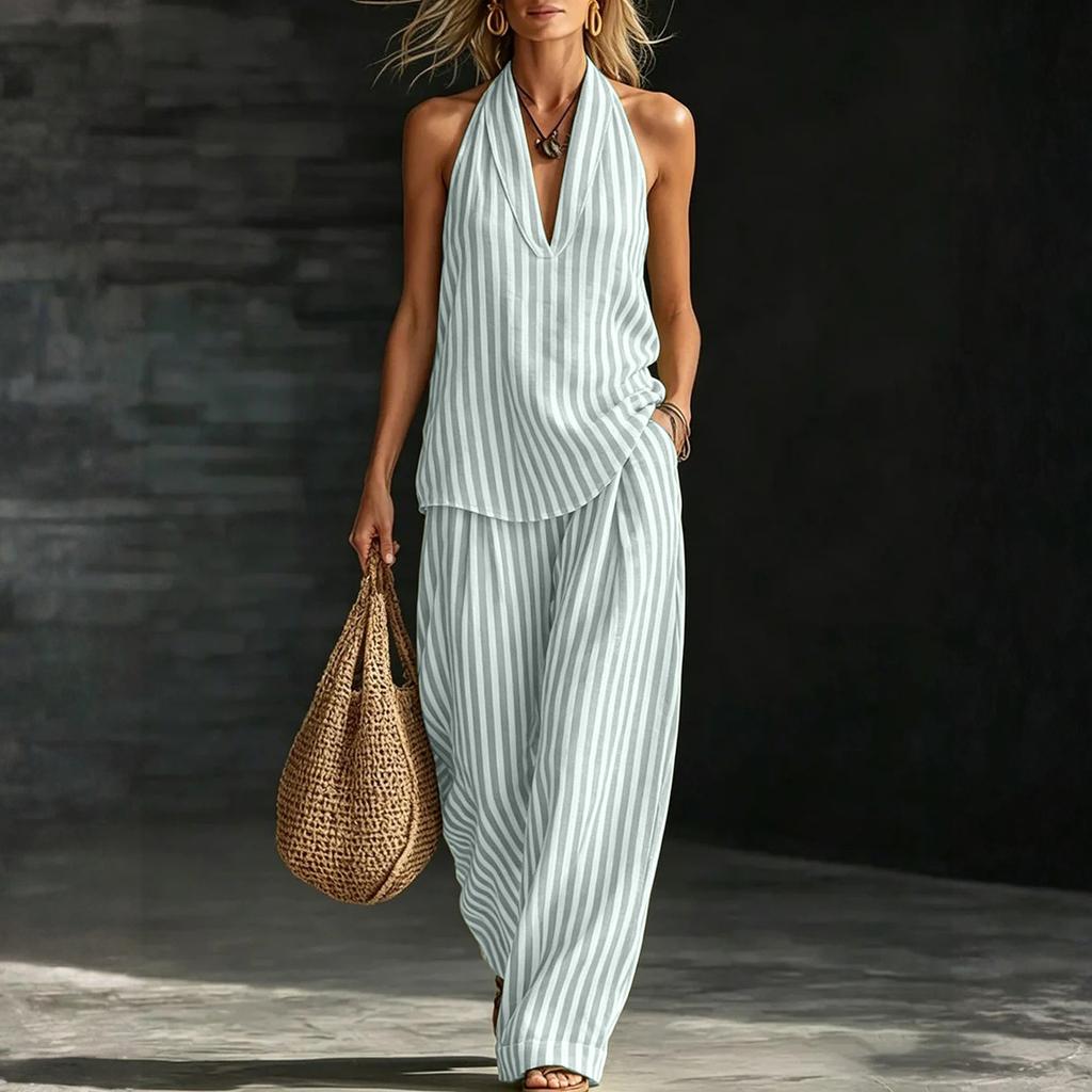 Women Linen V Neck Sleeveless Top and Wide Leg Pants Set Casual Loose Fit Striped Two Piece Outfit for Daily Wear