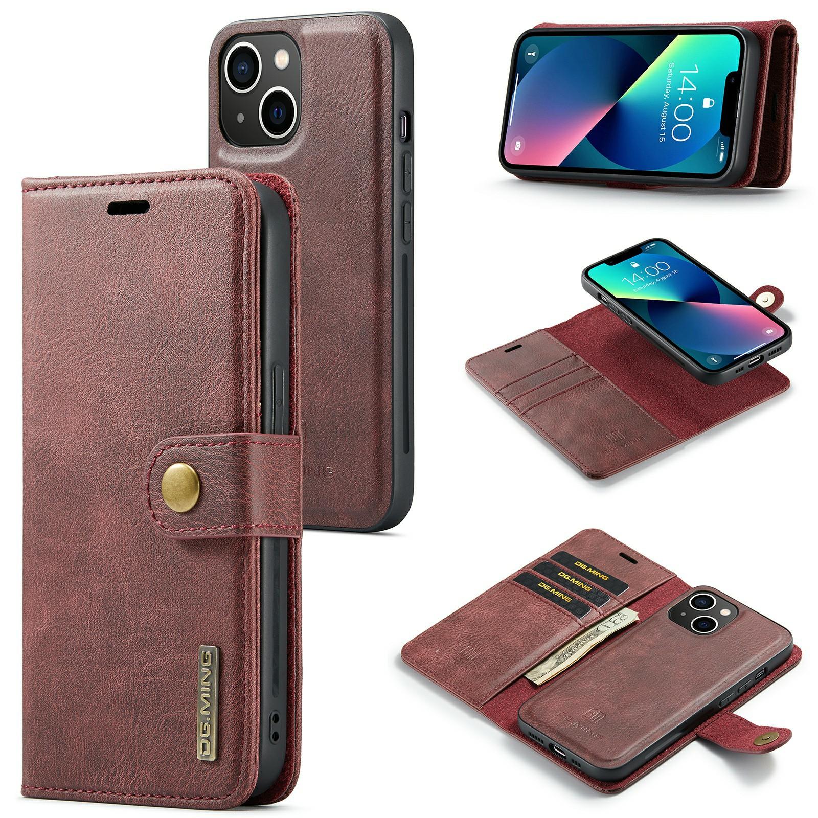 

DG.MING For iPhone 15 Anti-Scratch Split Leather Wallet Stand Cover Detachable Magnetic Phone Case Shell Red