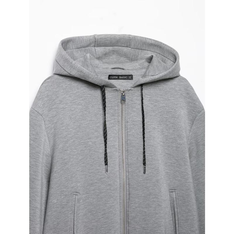Women Hooded Zip Up Light Gray Sweatshirt Jacket Lantern Sleeve Short Length
