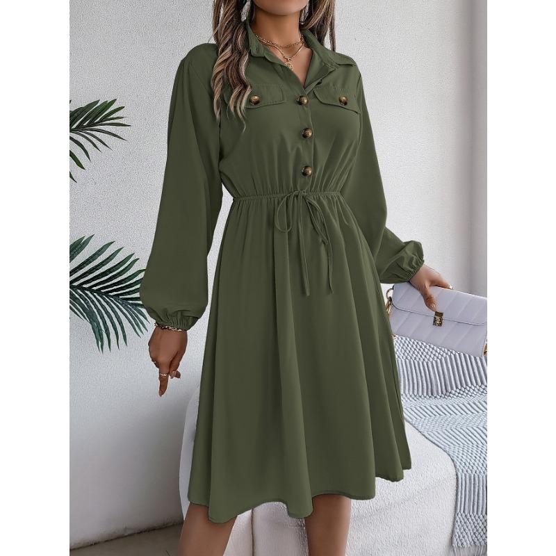 Autumn and Winter Casual Button Lace Waist Long-sleeved Shirt Skirt, Elegant Temperament Ladies Long-sleeved Dress Commuter All-match